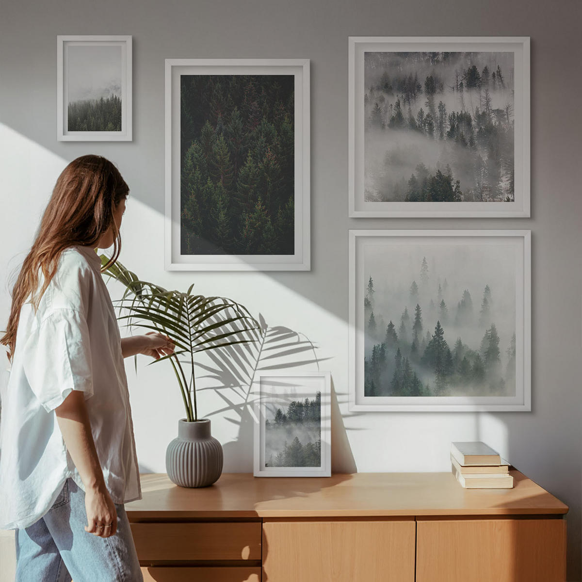 WANDBILDER 5er-Set - 50x50 cm & 20x30 cm & 40x60 cm Weißer Rahmen - Grüne Wälder, neblige Landschaft - Weiß, Kunststoff (40/60cm) - ArtPrintCave