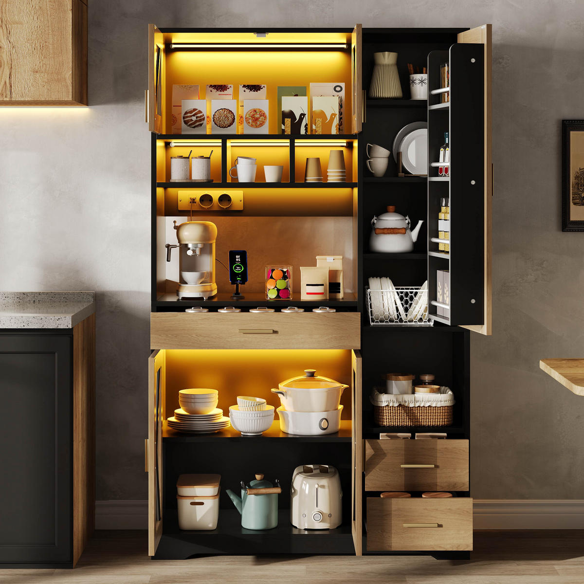 BUFFET 105/39/185 cm Natürlich mit farbwechselnder LED-Beleuchtung und 2 Schublade - Schwarz, Holz (105/185/40cm) - Oxeza