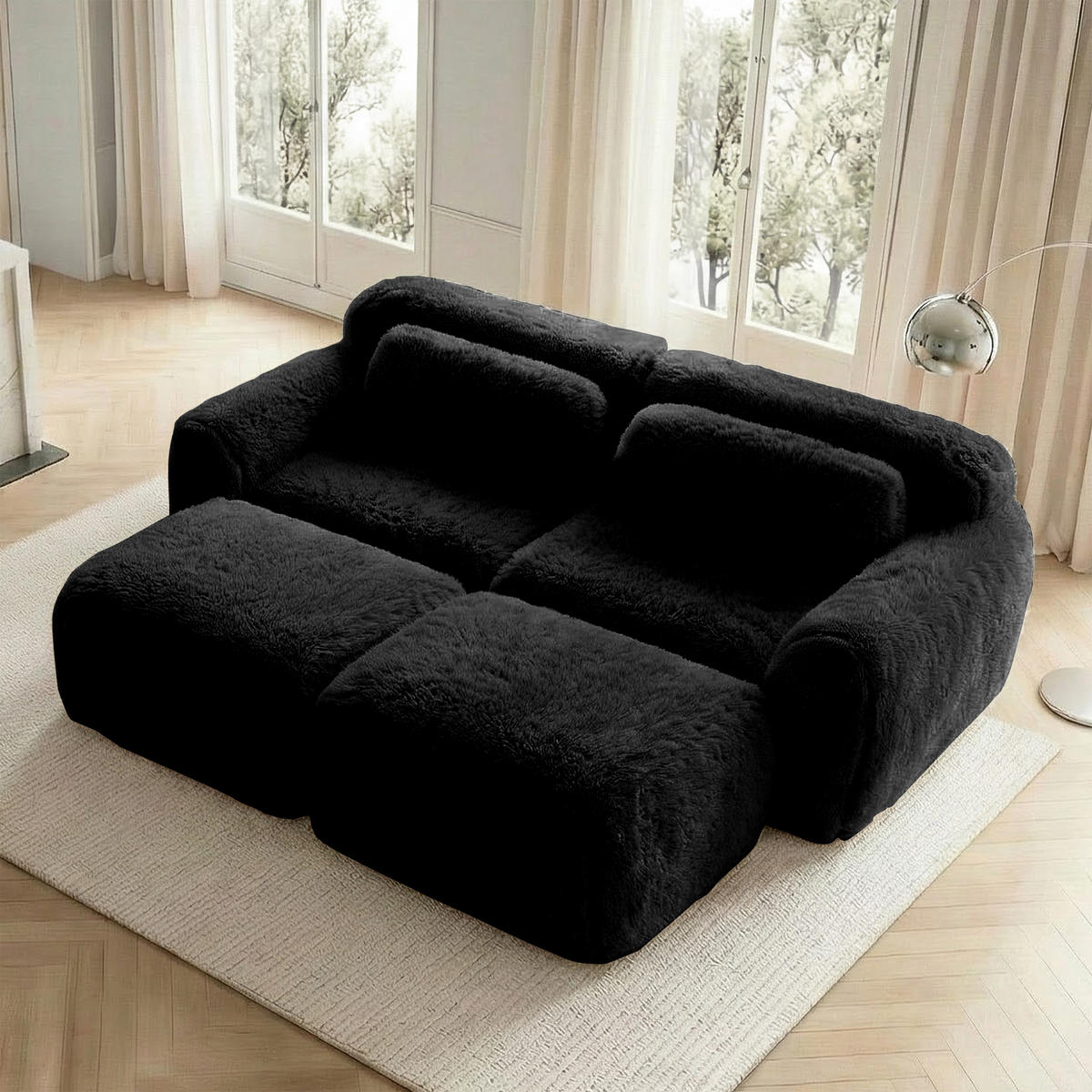 2-SITZER SOFA Plüsch Schwarz mit 2 Ottomanen - Schwarz, Textil (204/73/179cm) - WISHDOR