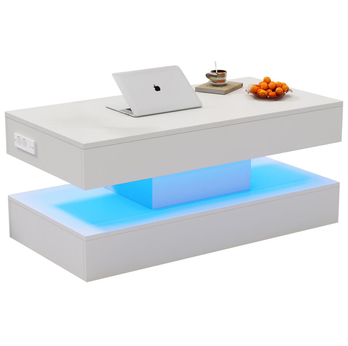 KONFERENČNÍ stolek 100/50/42 cm bílý z dřevotřísky s LED osvětlením a výškově nastavitelnou deskou - bílá, kompozitní dřevo (100/50/42cm) - OKWISH