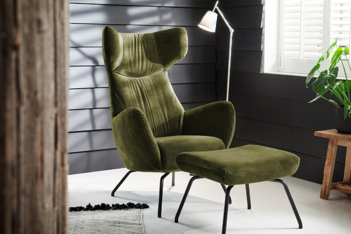 SESSEL MIT HOCKER LOTTE Dunkelgrün Velvet - Dunkelgrün/Schwarz, Textil (79/117/82cm) - KAWOLA