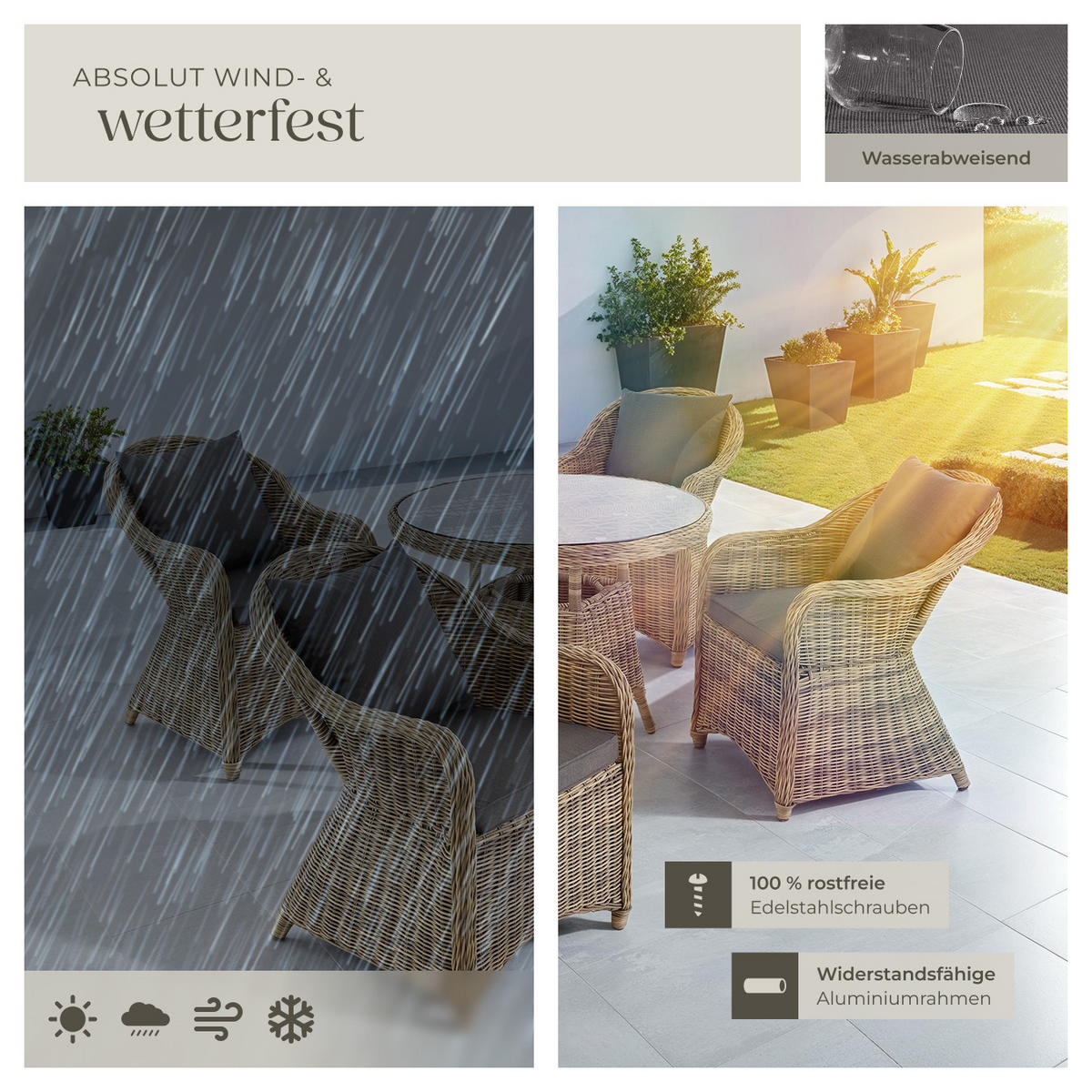 RATTAN SITZGRUPPE Zürich,Stühle vormontiert,natur - Naturfarben, Kunststoff - tectake