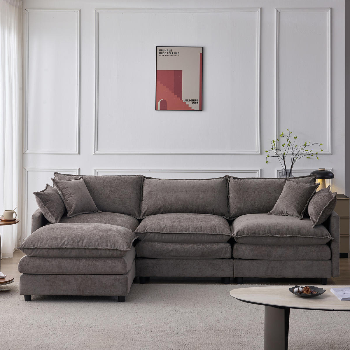 ECKSOFA Chenille Grau mit Hocker und Kissen - Grau, Holzwerkstoff/Kunststoff (267/154cm) - WISHDOR