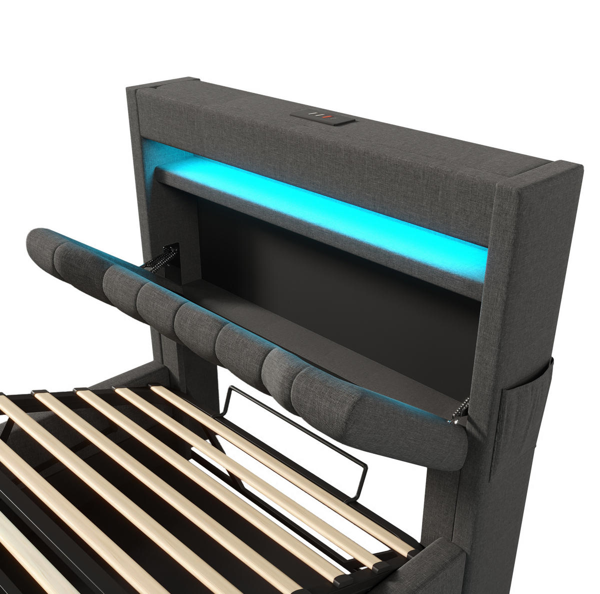 POLSTERBETT 90/200 cm Grau aus Leinen mit LED und Stauraum - Grau, Textil (90/200cm) - OKMYHOME