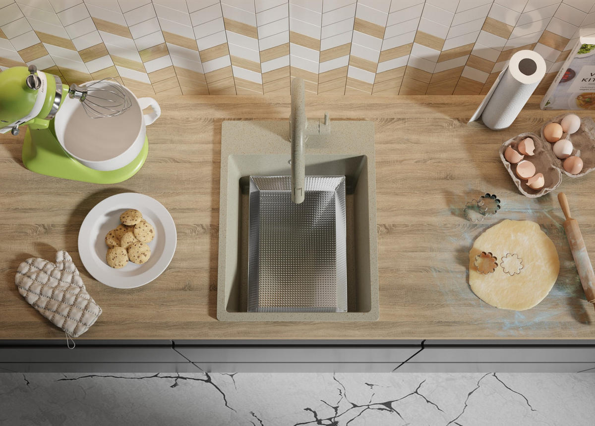 GRANITSPÜLE Riga, 2-er set Beige 38/50 cm 1 Becken + Küchenarmatur 32/20 cm + Ablauf-Set ab 40er Unterschrank - Beige, Kunststoff (38/20/50cm) - Primagran