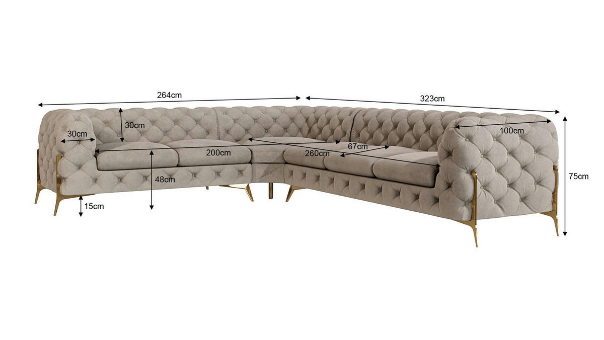 ECKSOFA Chesterfield Lexi Dunkle Creme Samt, langer Schenkel rechts - Goldfarben/Creme, Holz/Textil (323/264cm) - S-Style Möbel