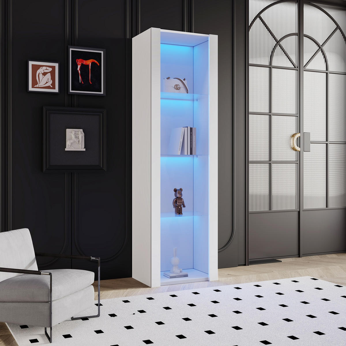VITRINE aus Spanplatte 55x38x166 cm Weiß mit LED-Beleuchtung, 3 Glasböden und Hochglanzfront - Weiß, Holzwerkstoff (55/166/38cm) - Modfu