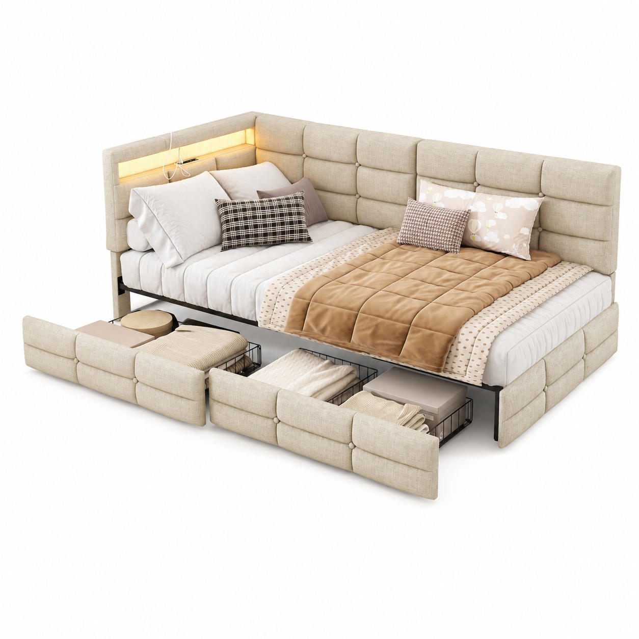 POLSTERBETT 90/200 cm mit Stauraum, LED-Kopfteil, modernes Einzelbett, Stoffbett, Jugendbett für Schlafzimmer - Beige, Holz/Metall (90/200cm) - Joyfair