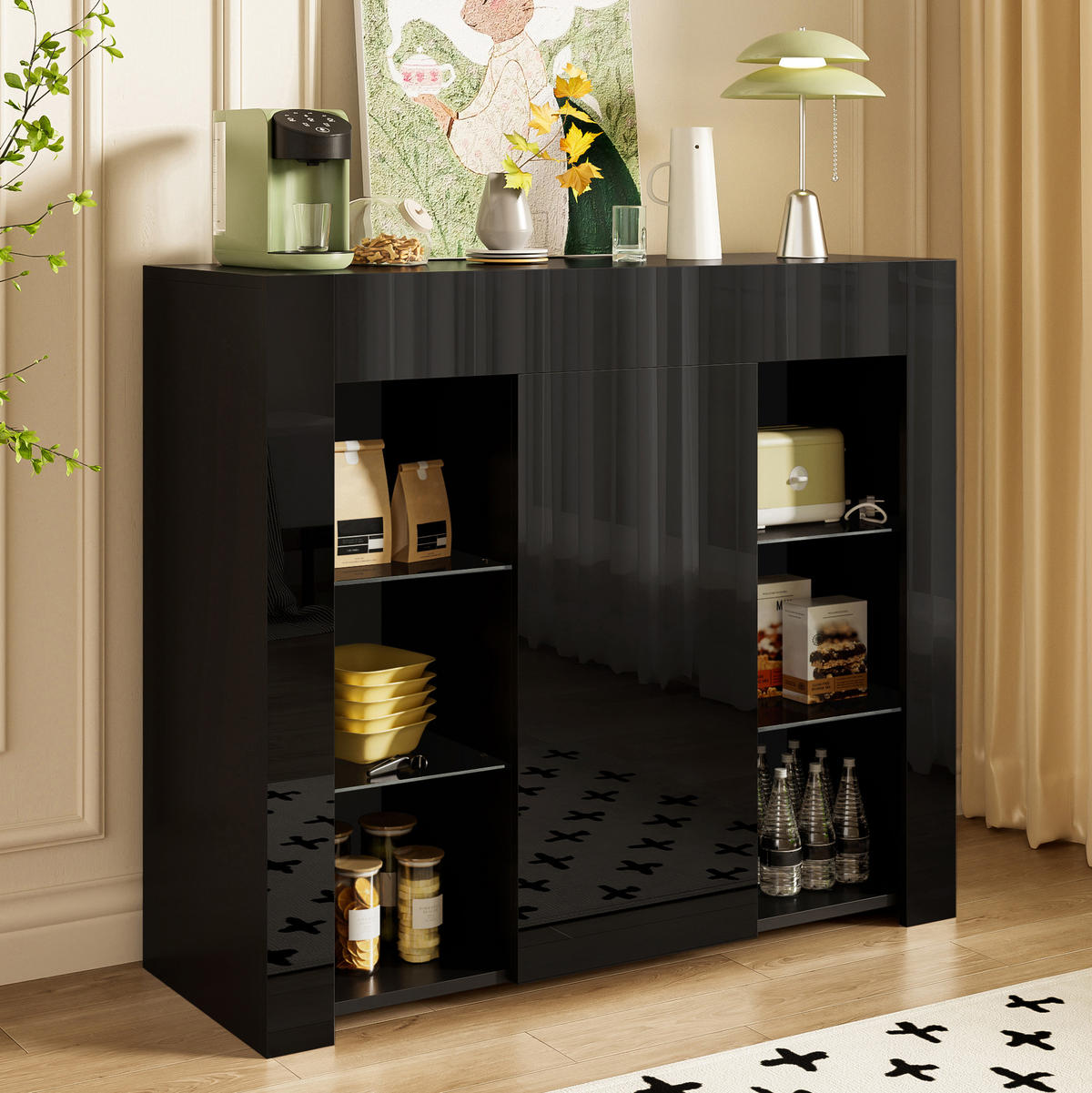 SIDEBOARD, 95/35/83 cm, černý, z dřevotřísky, s vysokým leskem a skleněnými policemi - černá, kompozitní dřevo (95/83/35cm) - BEAOK
