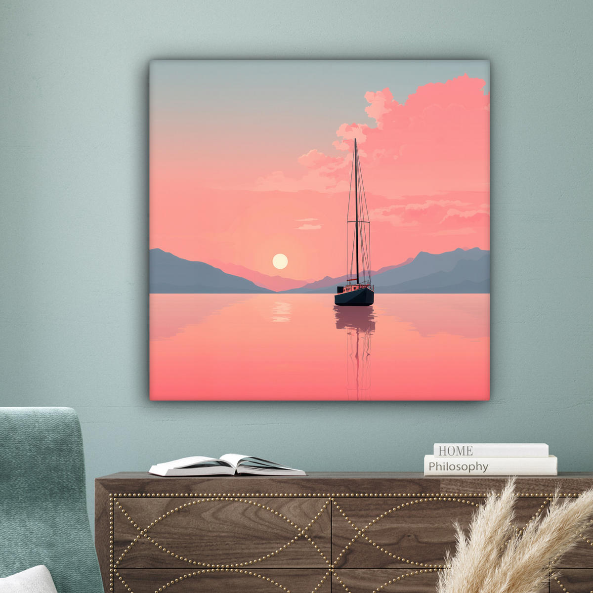 LEINWANDBILD Segelboot - Rosa Meer - Sonnenuntergang - Berge Deko Groß 90x90 cm - Rosa, Textil (90/90cm) - MuchoWow