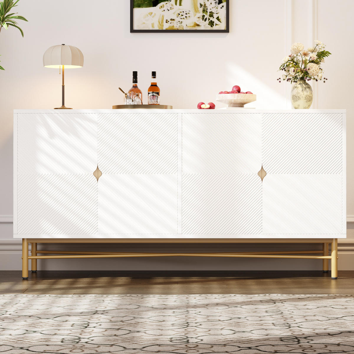 BOČNÍ skříň 160/40/82 cm bílá z MDF a dřevotřísky se soft-close a zlatými úchyty - bílá, kompozitní dřevo (160/82/40cm) - OKWISH