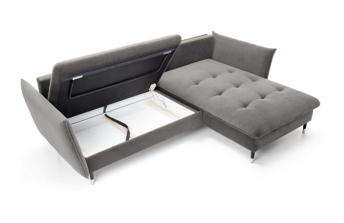 ECKSOFA GLAM mit Schlaffunktion, Ottomane & goldenen Füßen – Samtsofa im Glamour-Stil mit Zierkissen, 258x167x91 cm, rechte, grau​ - Grau, Holz/Textil (258/167cm) - DomoHome
