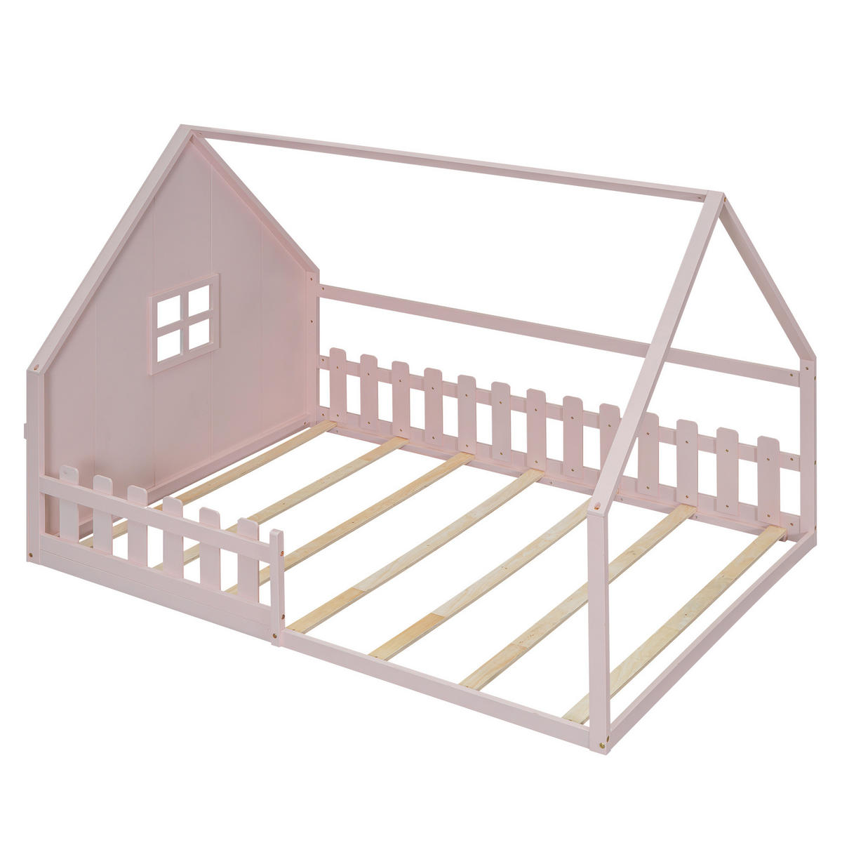HAUSBETT 140/200 cm in Rosa aus Kiefernholz und MDF mit Hausrahmen - Rosa, Holz (140/200cm) - OKMYHOME