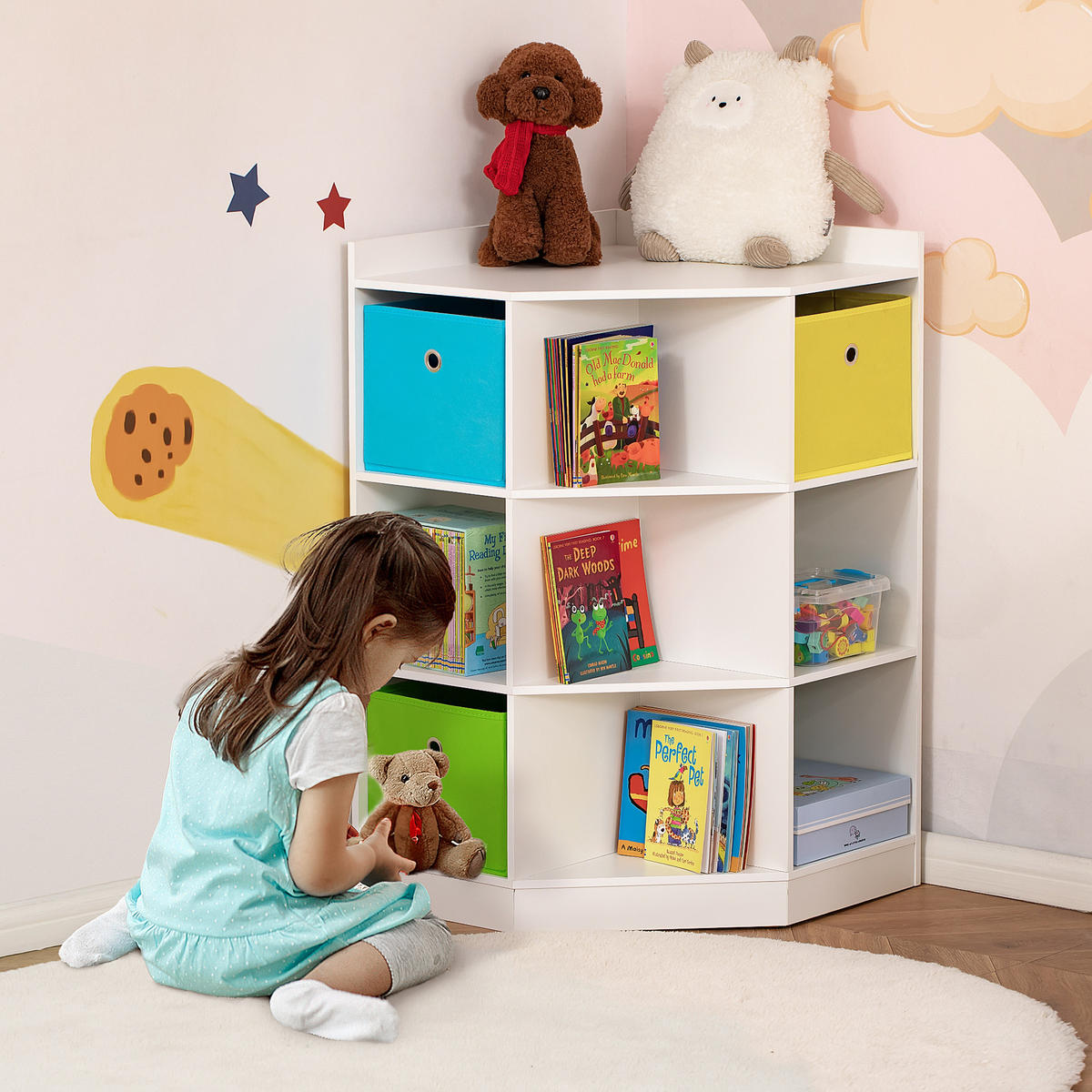 KINDERREGAL Eckregal mit 3 Aufbewahrungsboxen Kinderzimmer Spielzeugablage Weiß - Weiß, Holzwerkstoff/Textil (57.4/94/57.4cm) - HOMCOM