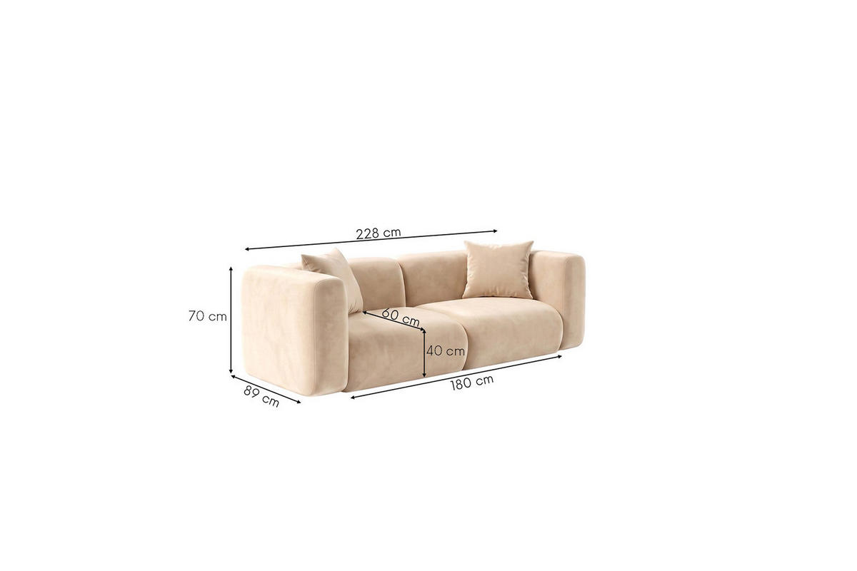 SOFA 2-Sitzer, Velvet-Stoff Bluvel, Creme, GRETA - Creme, Holz (228/70/89cm) - Kaiser Möbel