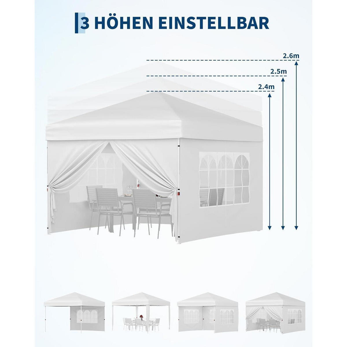 FALTPAVILLON 3 x 3 m wasserdicht mit 4 Seitenwänden Weiß - Weiß, Textil (300/260/300cm)