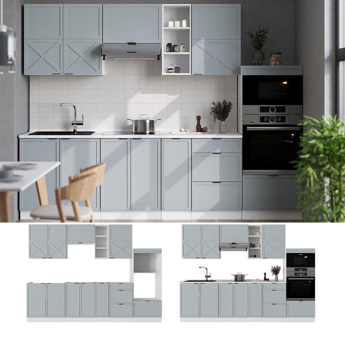 KITCHENETTE Fame-Line Albastru deschis-gri/alb 280 cm , AP Marmură - albastru deschis/alb, compozit lemnos (280/153.6/60cm) - Vicco
