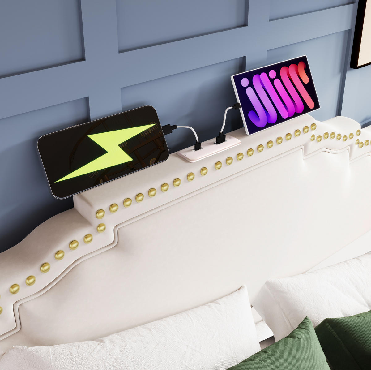 POLSTERBETT 140/200 cm Beige aus Samt mit LED und USB-C - Beige, Textil (140/200cm) - OKMYHOME