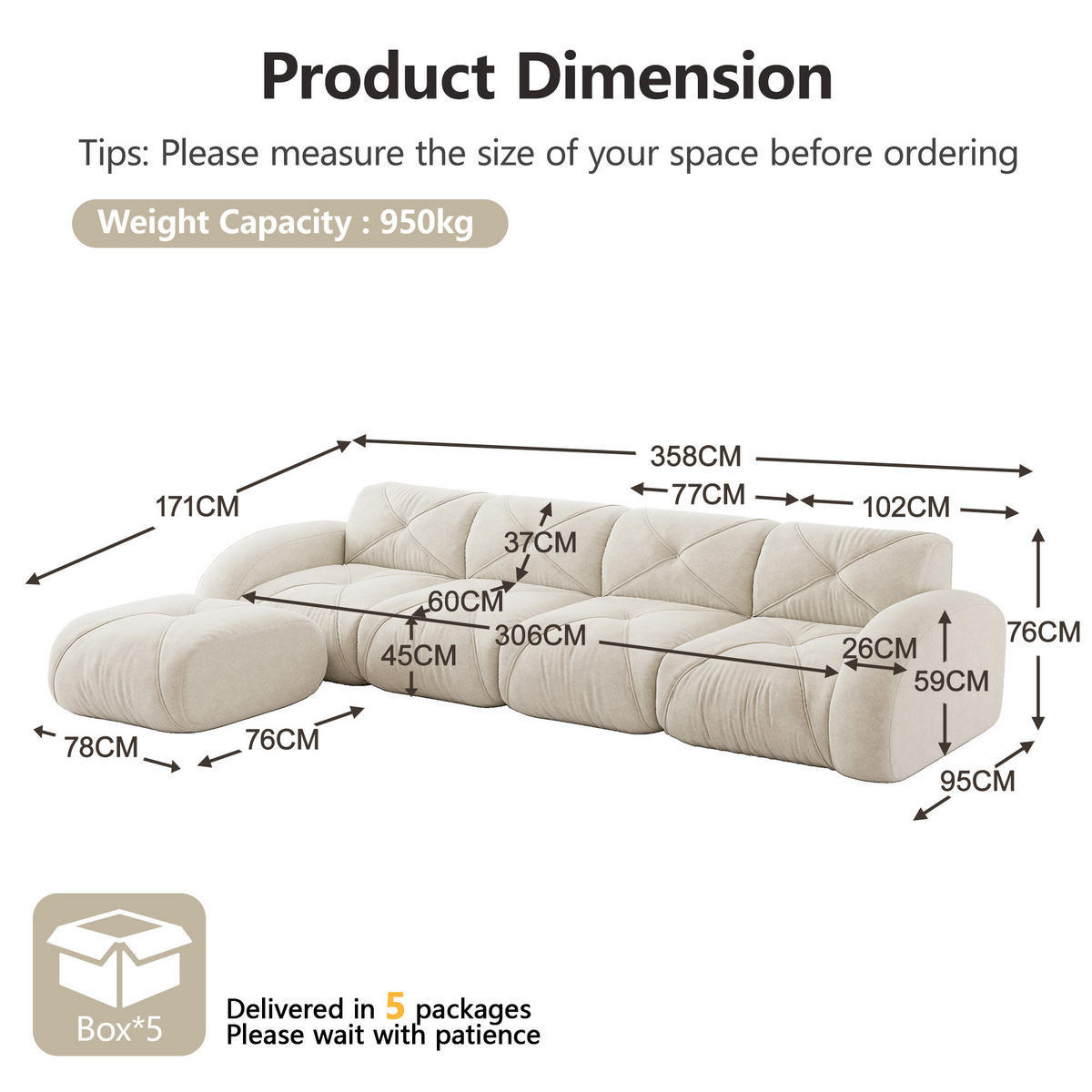 4-SITZER ECKSOFA Stoff Hellbeige - Weiß, Textil (358/171cm) - WISHDOR