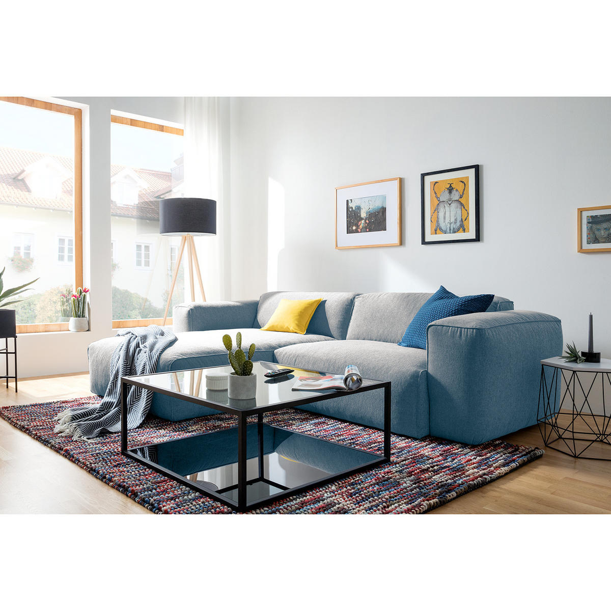 1,5-SITZER ECKSOFA mit Longchair - Blaugrau/Schwarz, Kunststoff/Textil (260/173cm) - home24