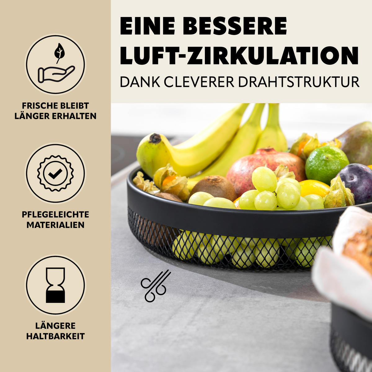 OBSTKORB - BROTKORB 2er Set, runde Obstschale, aus schwarzem Metall - Schwarz, Metall (30/6cm) - eluno