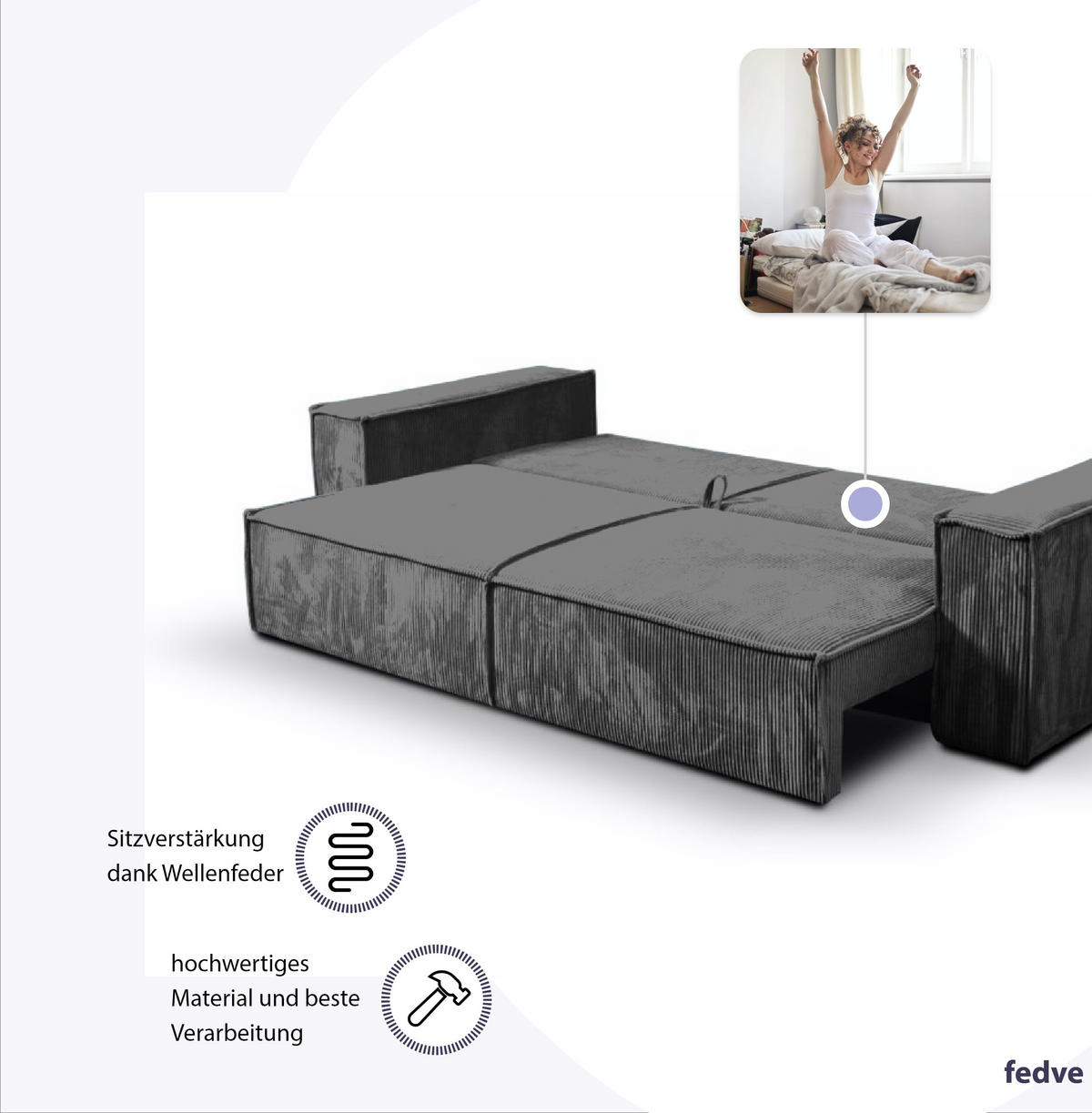 SCHLAFSOFA Sekwana Grau (Poso 60) - Grau, Textil (255/85/105cm) - Fedve