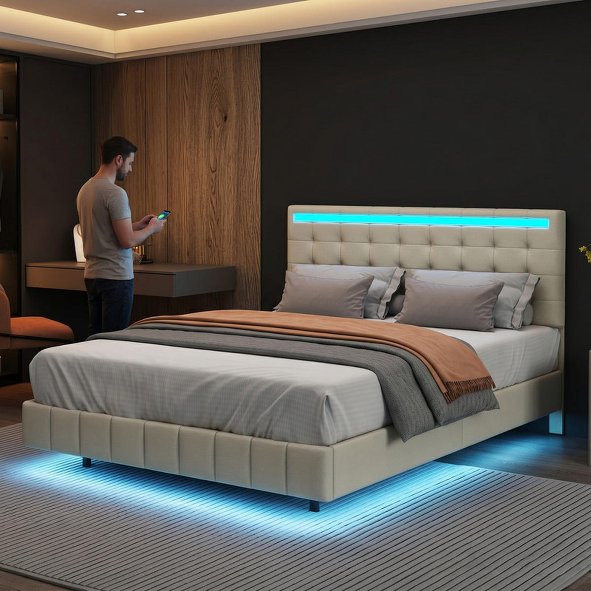 POLSTERBETT 140/200 cm beige mit LED und USB - Beige, Holz