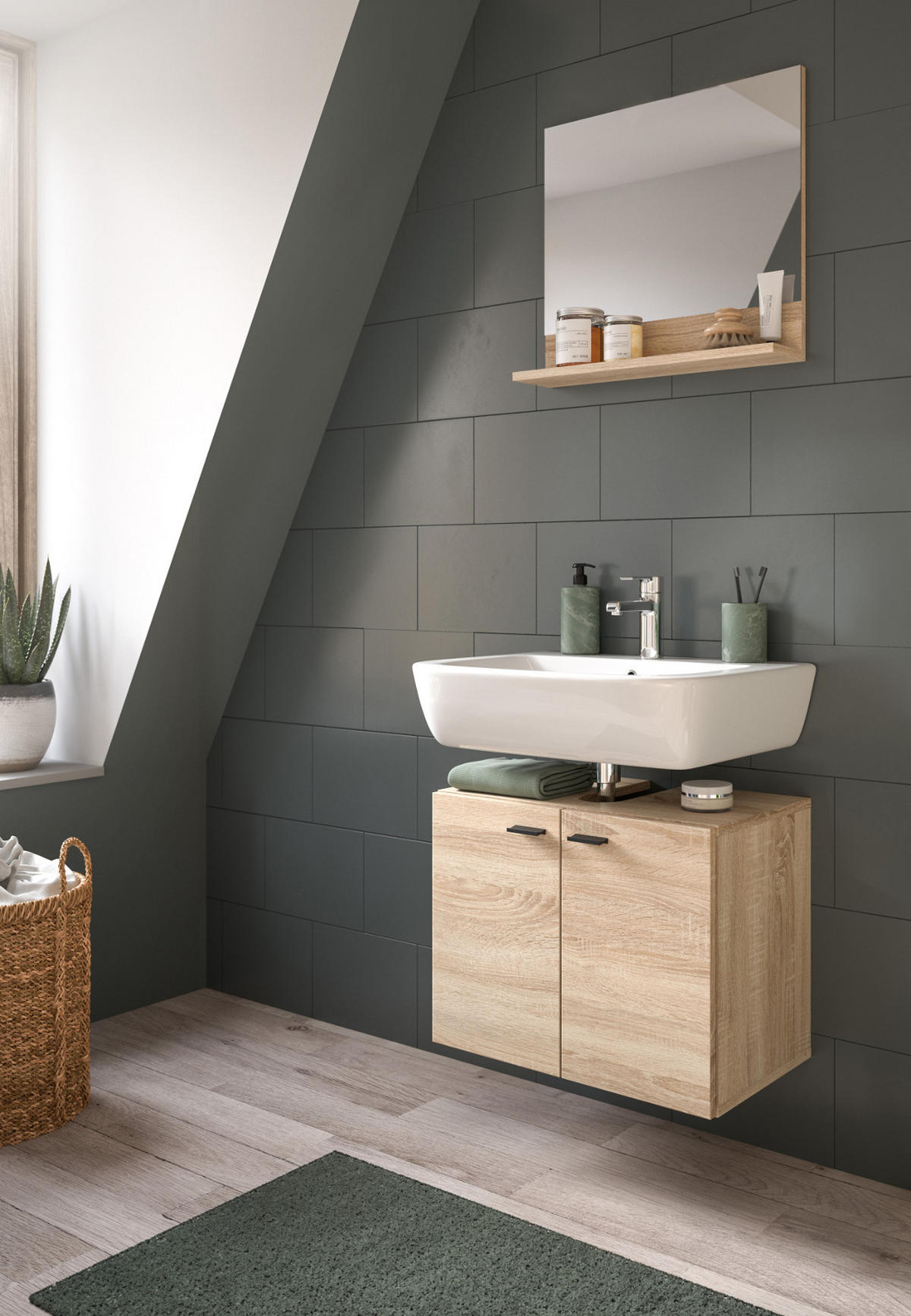 BADMÖBEL-SET Eiche 2-teilig 57 cm, Kombination hängend oder stehend - Eichefarben, Glas/Holzwerkstoff (57/186/33cm) - Inn.Furn