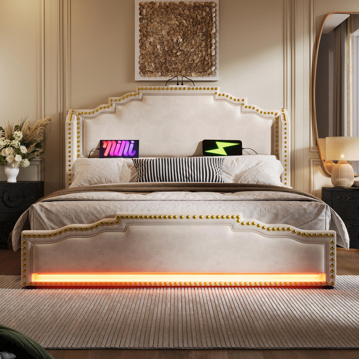SAMT-POLSTERBETT 160/200 cm mit LED, 4 Schubladen, USB-C und Lattenrost - Beige, Textil (160/200cm) - BEAOK