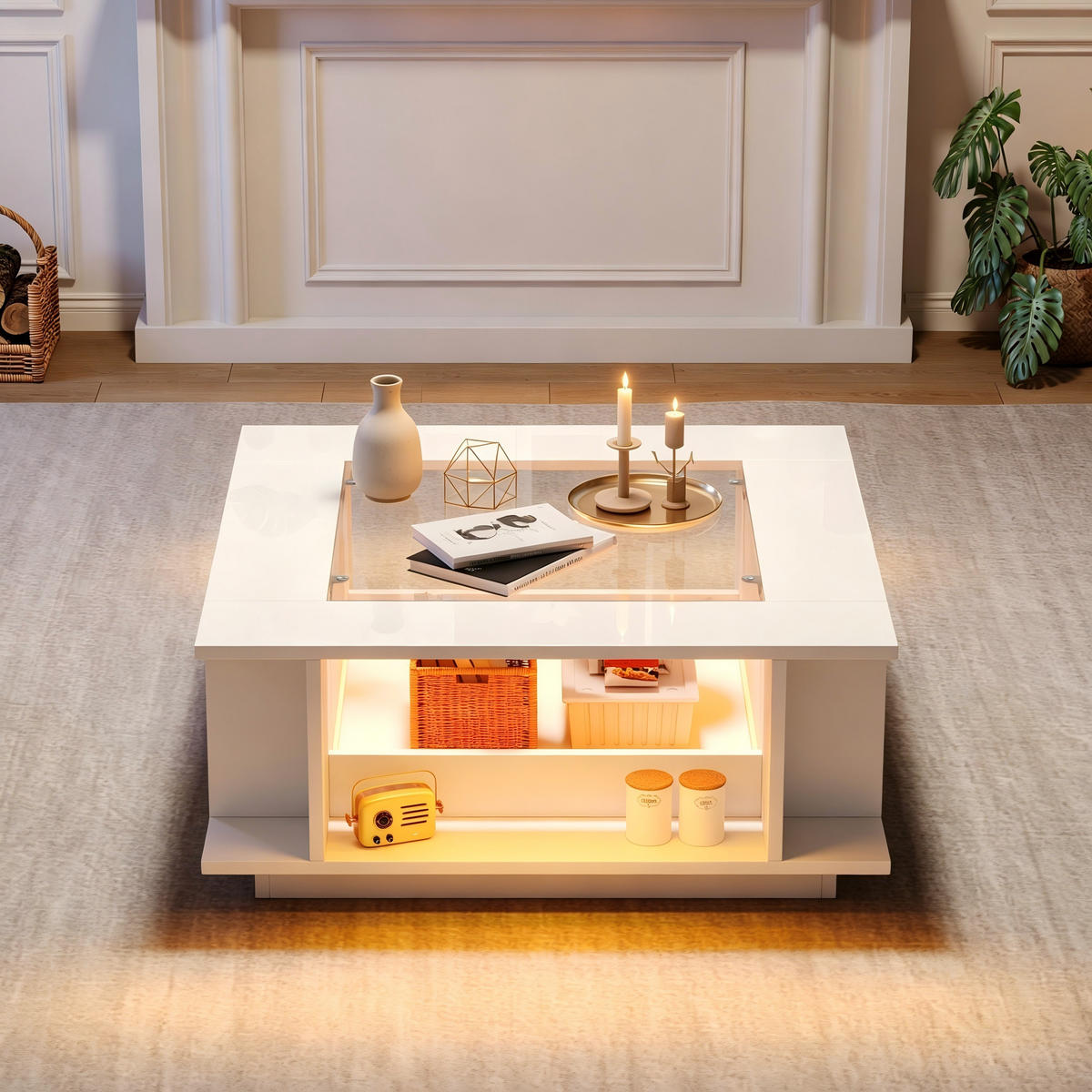 COUCHTISCH weiß aus Spanplatte mit Glasplatte und App-gesteuerter USB-LED 70 × 70 × 30 cm - Weiß, Holzwerkstoff (70/70/30cm) - Luhomfu