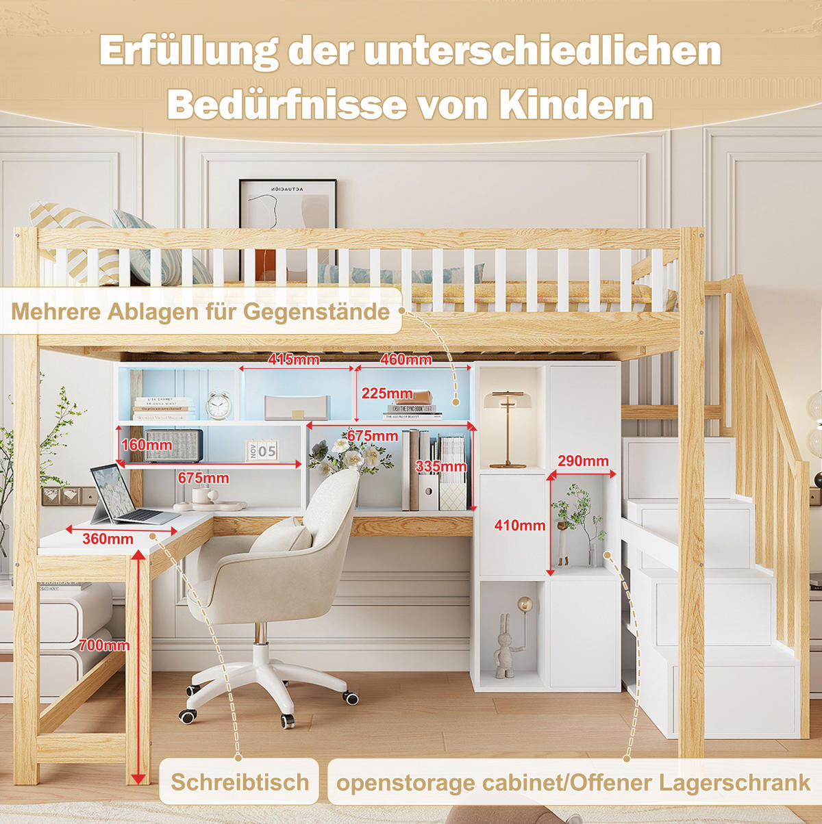 HOCHBETT 140/200 cm Weiß/Natur aus Kiefernholz und MDF mit Schreibtisch - Weiß, Holz (140/200cm) - OKMYHOME
