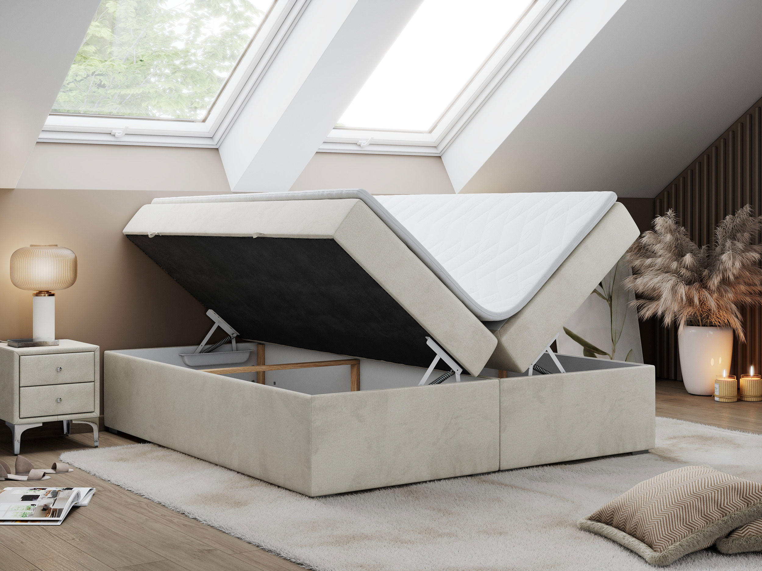 Thumbnail - MKS Boxbett, Beige, Textil, 2-Sitzer, H3, Rechteckig, 160x200 cm, Oeko-Tex®, Schlafzimmer, Betten, Boxspringbetten