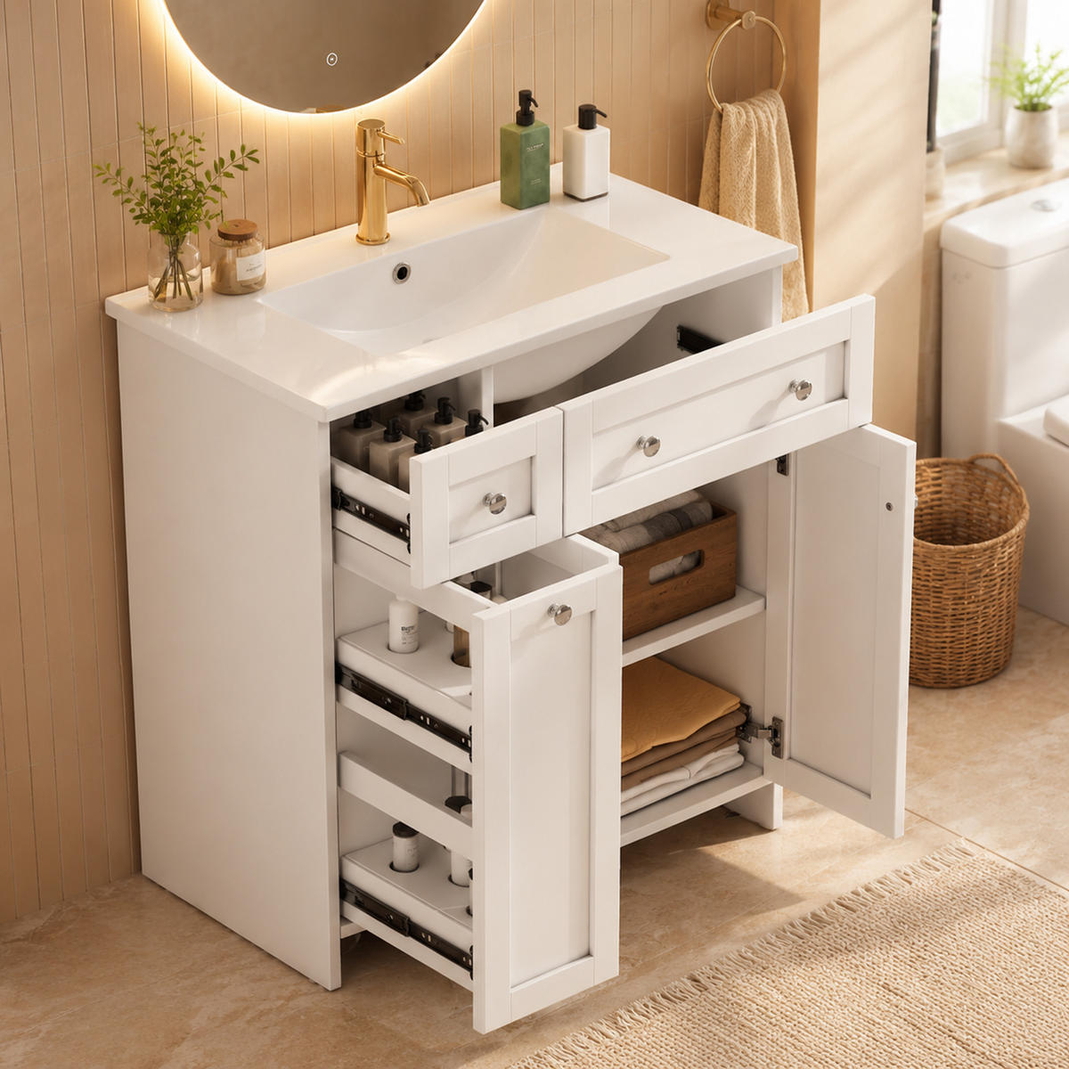 WASCHTISCHKOMBI 76/47/86 cm Weiß mit freistehender Waschtisch und 3 Schubladen, ohne Wasserhahn - Edelstahlfarben/Weiß, Holz/Holzwerkstoff (47/86/76cm) - Oxeza