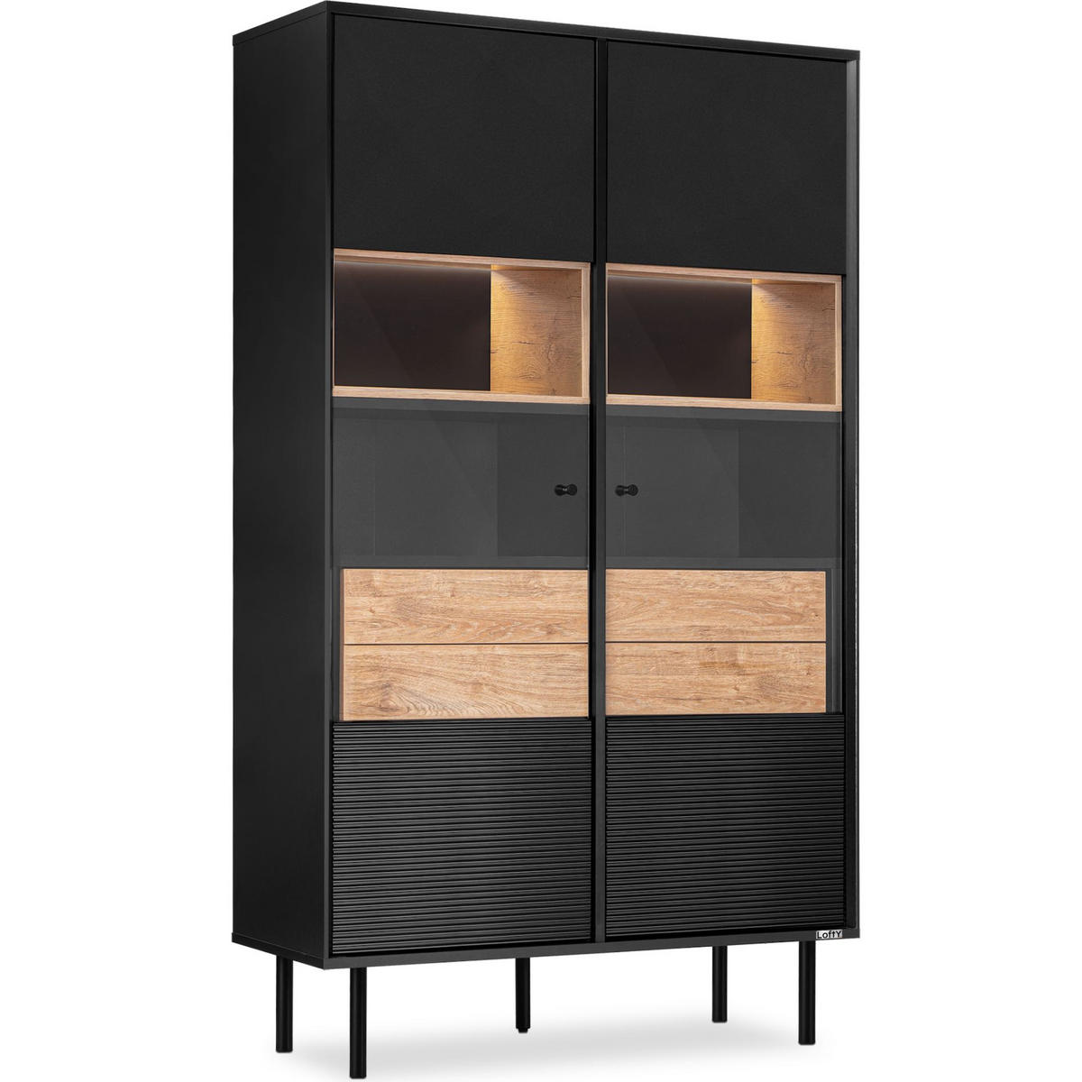 VITRINENSCHRÄNK LOFTY Außenseiteneinlage, schwarz / Eiche natur - Eichefarben/Multicolor, Holzwerkstoff (102/174/41cm) - KONSIMO®