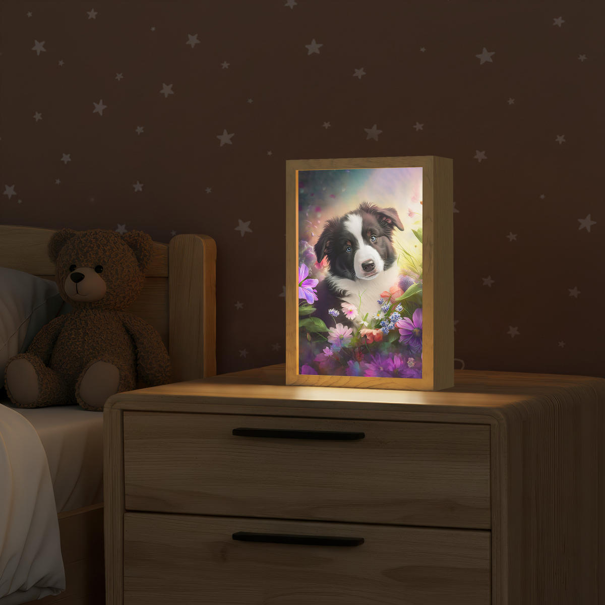 NÁSTĚNNÁ LAMPA Štěně - Slunce - Květiny - Příroda - Border kolie - Pes 20x30 cm - fialová, kompozitní dřevo (20/30/8cm) - OnlyWow
