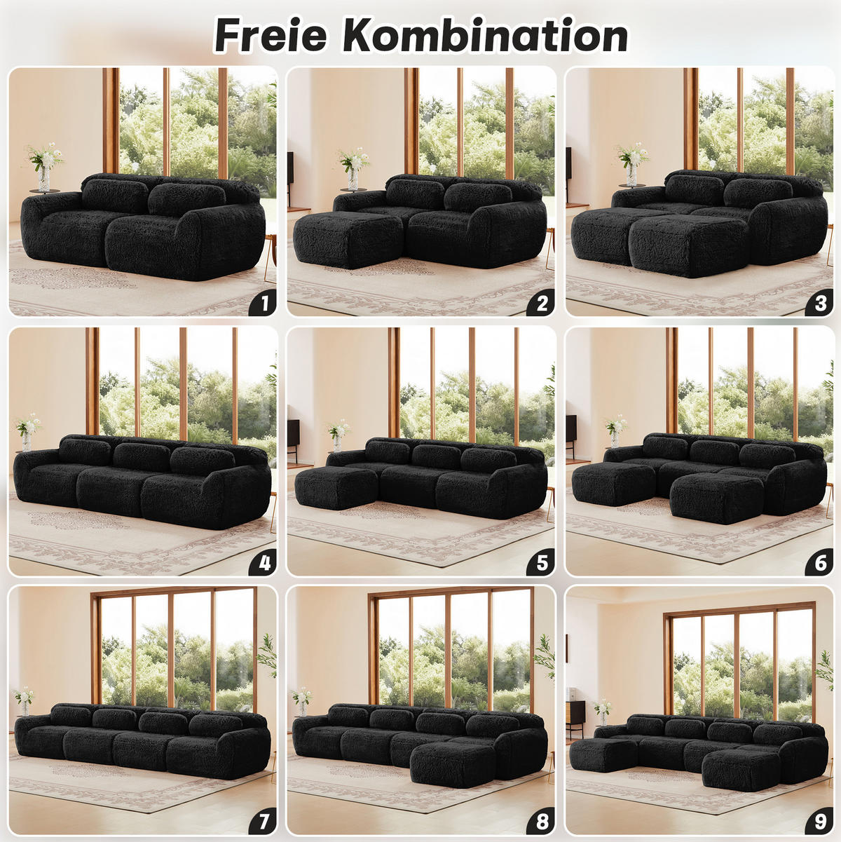 ECKSOFA aus Plüsch in Schwarz mit modularem Design - Schwarz, Textil (179/73/204cm) - Modfu