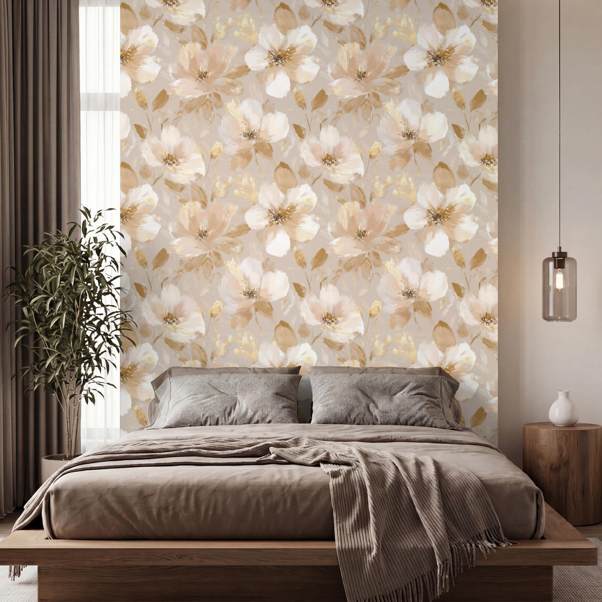 TAPETE - Blumen - künstlerisch - Gold - 200x280 cm - Beige, Papier (200/280cm) - OnlyWow