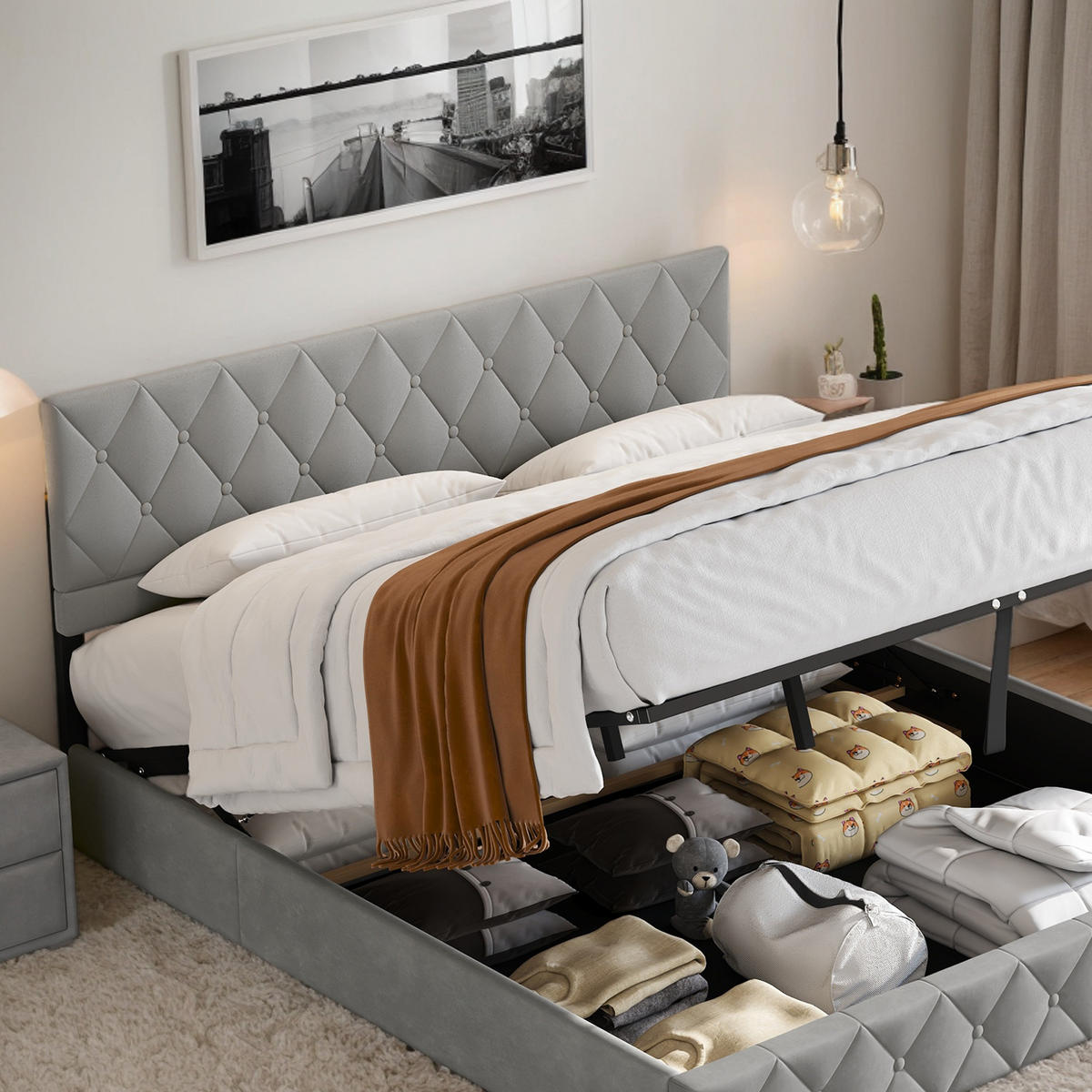 POLSTERBETT 180/200 cm Grau mit hydraulischem Stauraum aus Samt - Grau, Holzwerkstoff (180/200cm) - OKWISH