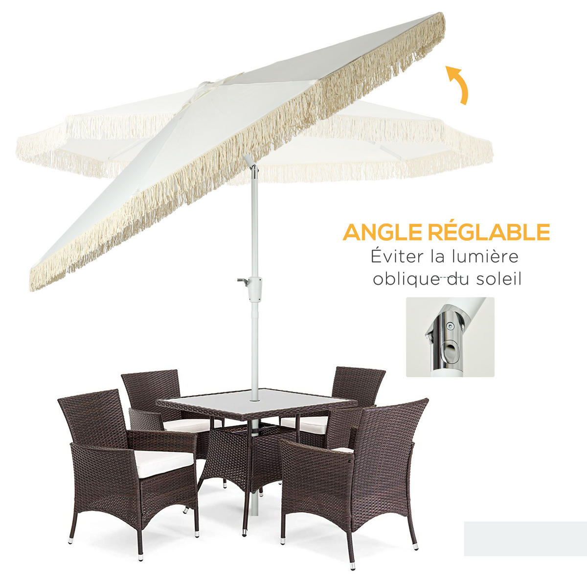 SONNENSCHIRM DE-11468 neigbar, mit Fransen, Kurbel Weiß - Weiß, Textil (265/265cm) - ComfortXL