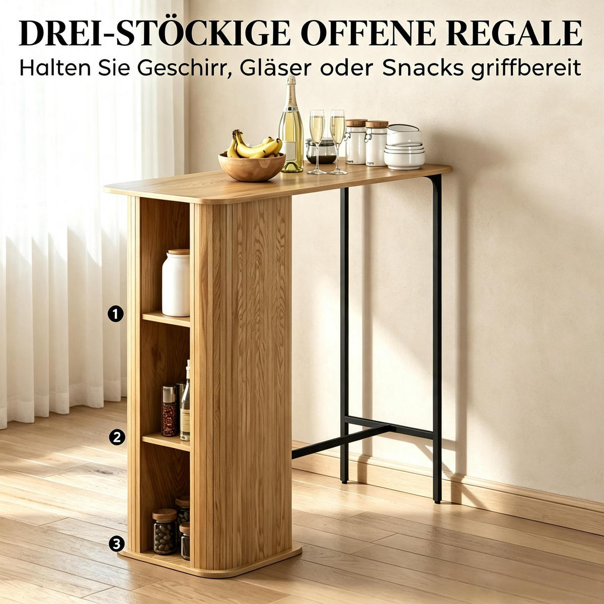 BARTISCH Eichenoptik/Schwarz mit 3 Ablagefächern und Metallfüßen - Eichefarben/Schwarz, Holzwerkstoff/Metall (112/50/106cm)