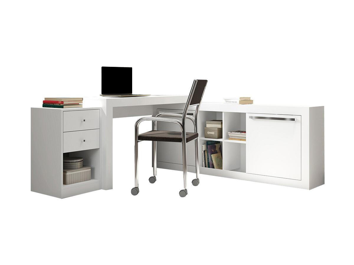 ECKSCHREIBTISCH mit 2 Schubladen & 2 Türen - Weiß - EVAN - Weiß, Holz (159.9/175.5/75.3cm) - Vente-Unique