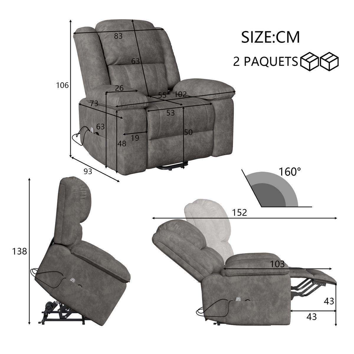 MASSAGESESSEL elektrisch Heizfunktion verstellbar grau - Grau, Holz (102/106/93cm) - LEBENLANG