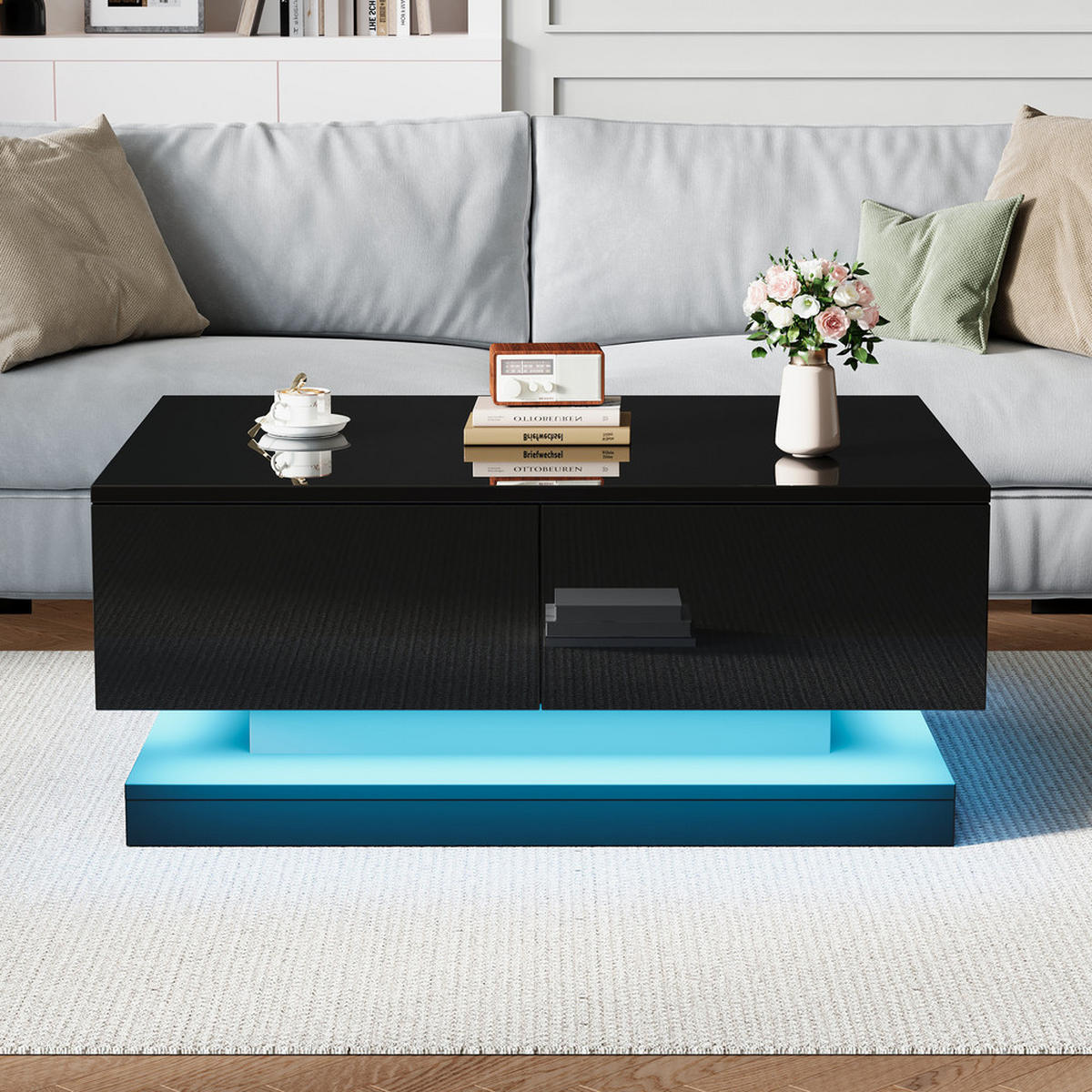 COUCHTISCH 90x50cm Schwarz Hochglanz LED App 2 Schubladen Modern - Schwarz, Holz (99.85/58.7/15.85cm) - FLIEKS