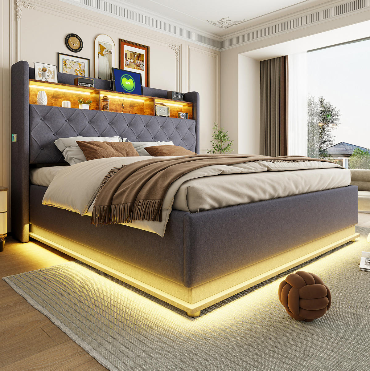 POLSTERBETT 180/200 cm Grau mit LED-Beleuchtung und USB-Anschluss aus Leinen - Grau, Textil (180/200cm) - OKWISH