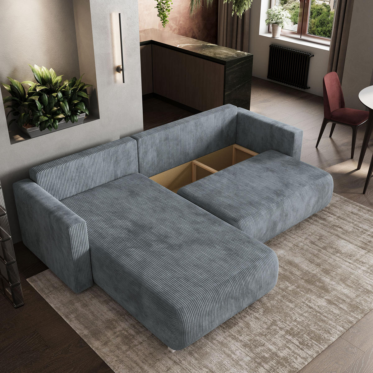 ECKSOFA TURIN P Grau Kordstoff mit Schlaffunktion - Grau, Holz (265/183cm) - MASSENO