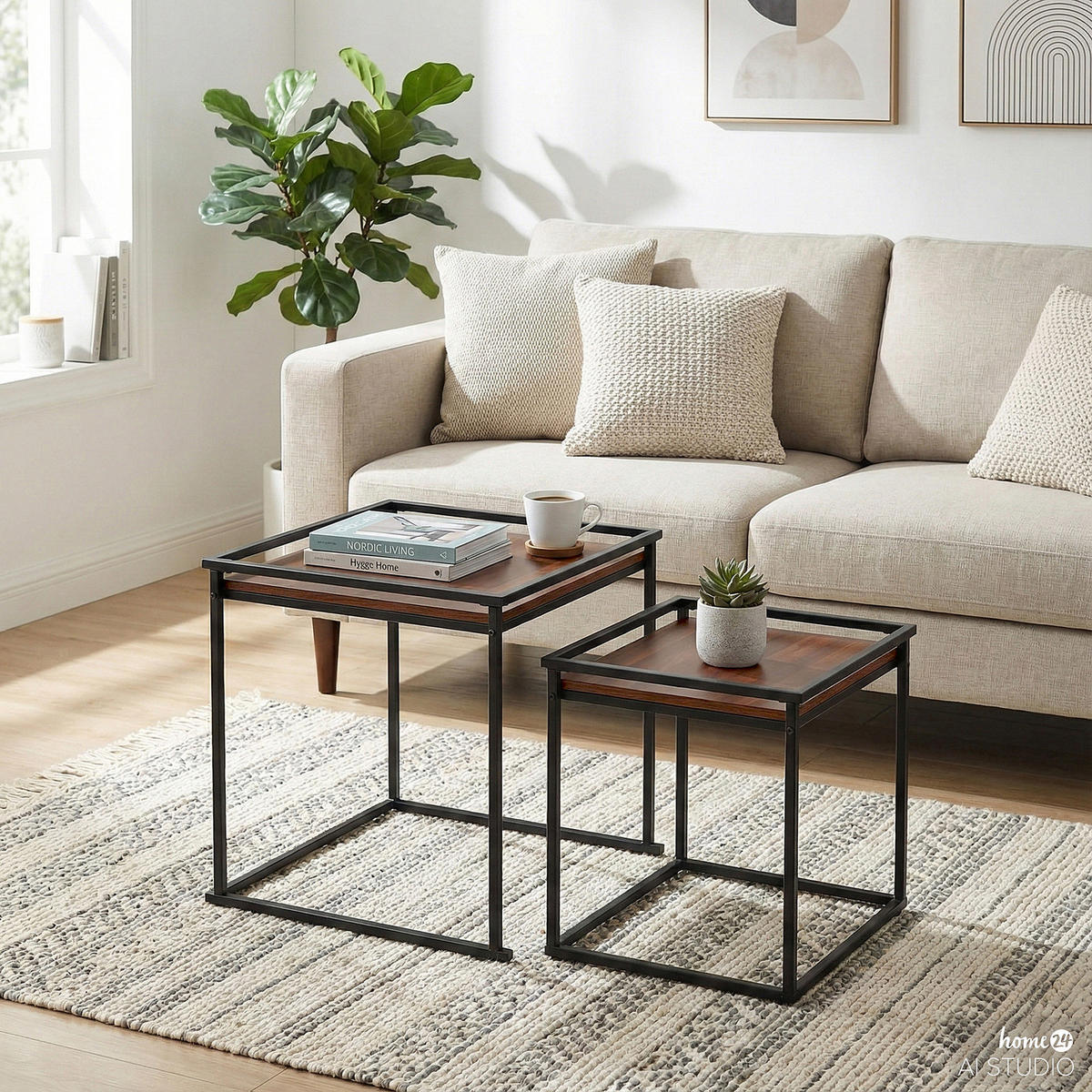 BEISTELLTISCH - 2er-Set - Walnussfarben/Schwarz, Holzwerkstoff/Metall (50/50/54cm) - home24