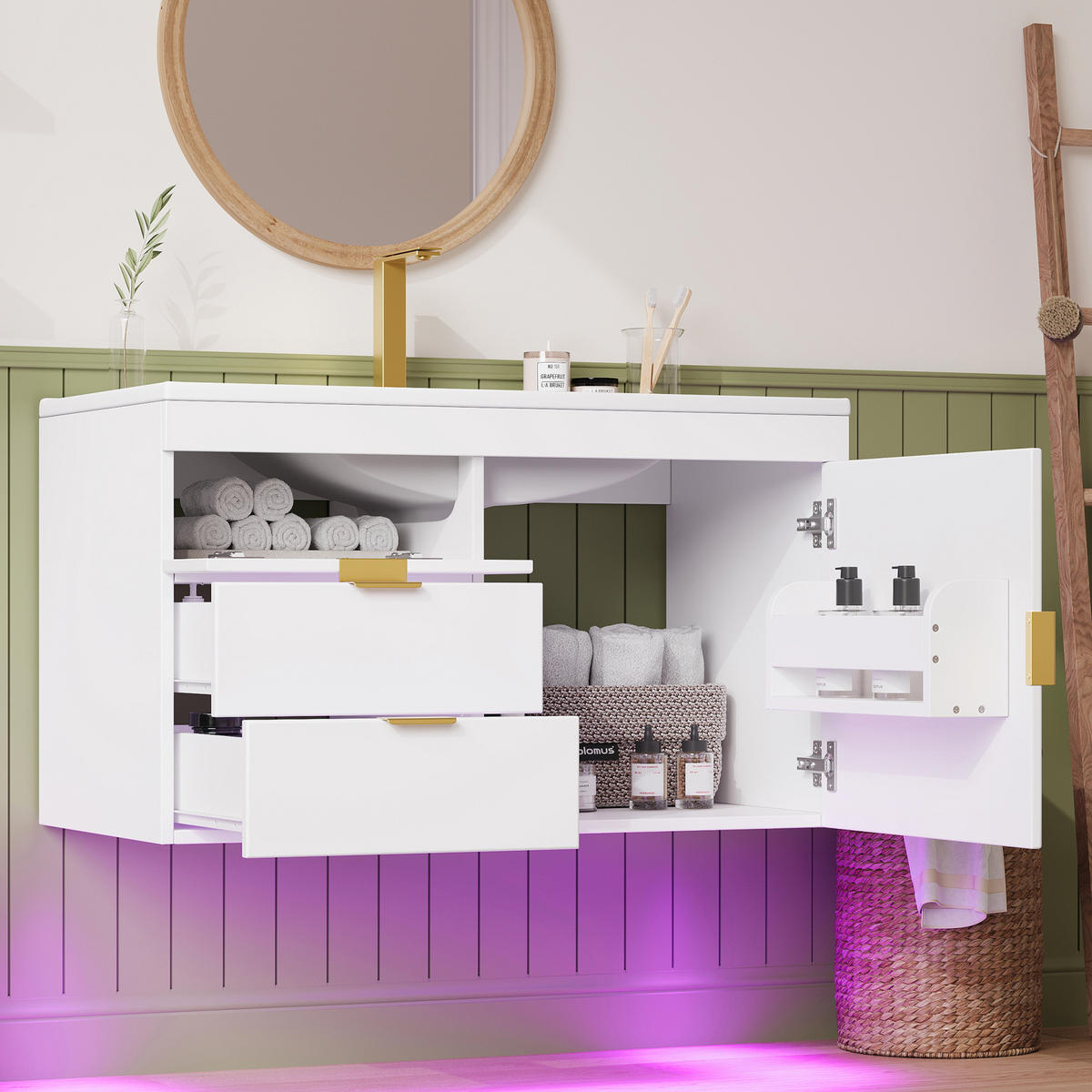 BADEZIMMERSCHRANK MDF 76x46x51 cm Weiß mit LED-App-Steuerung, Keramikwaschbecken, Wandmontage - Weiß, Holzwerkstoff (76/51/46cm) - Modfu