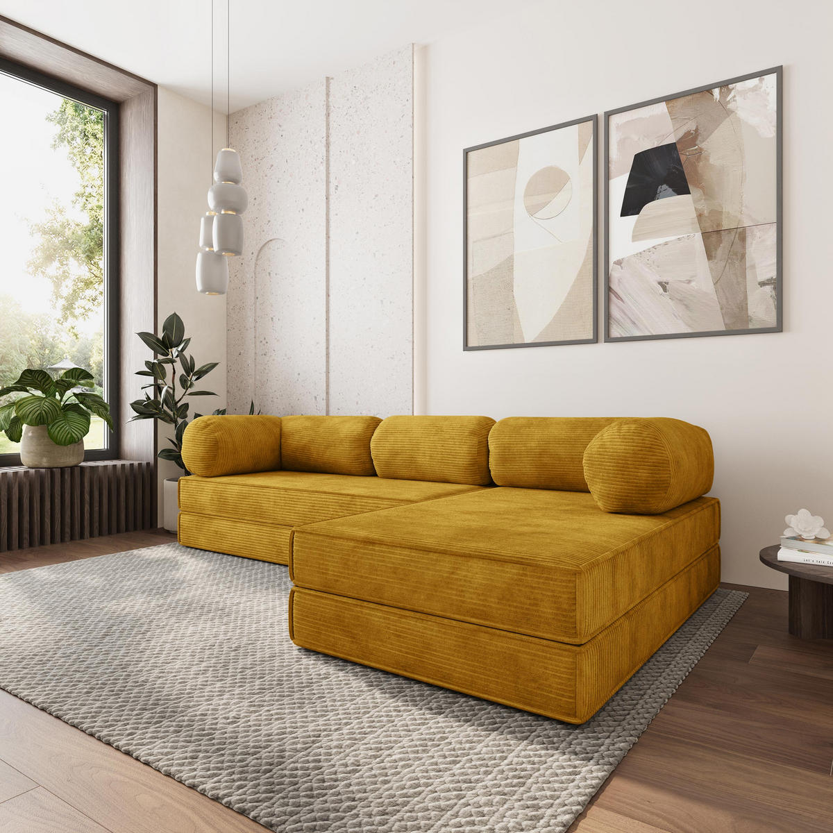 ROHOVÁ SEDAČKA ETERA modulární Boneless pohovka s funkcí spaní, žlutá POSO 01 - žlutá, textil (270/160cm) - MASSENO