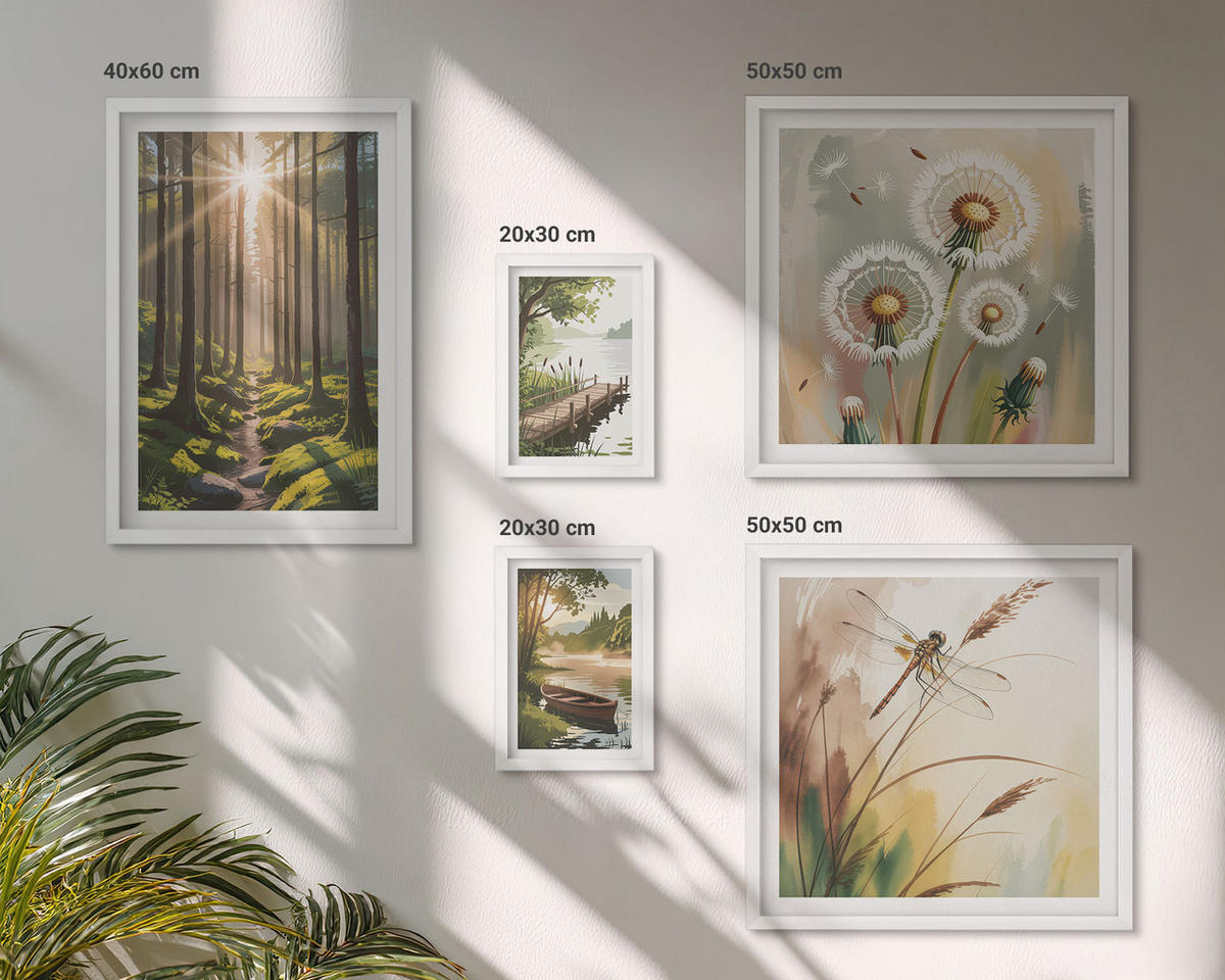 BILDER SET 5er Set - 50x50 cm & 20x30 cm & 40x60 cm Weißer Rahmen - See, Wald, Boot, Morgennebel - Weiß, Kunststoff (40/60cm) - TULUP