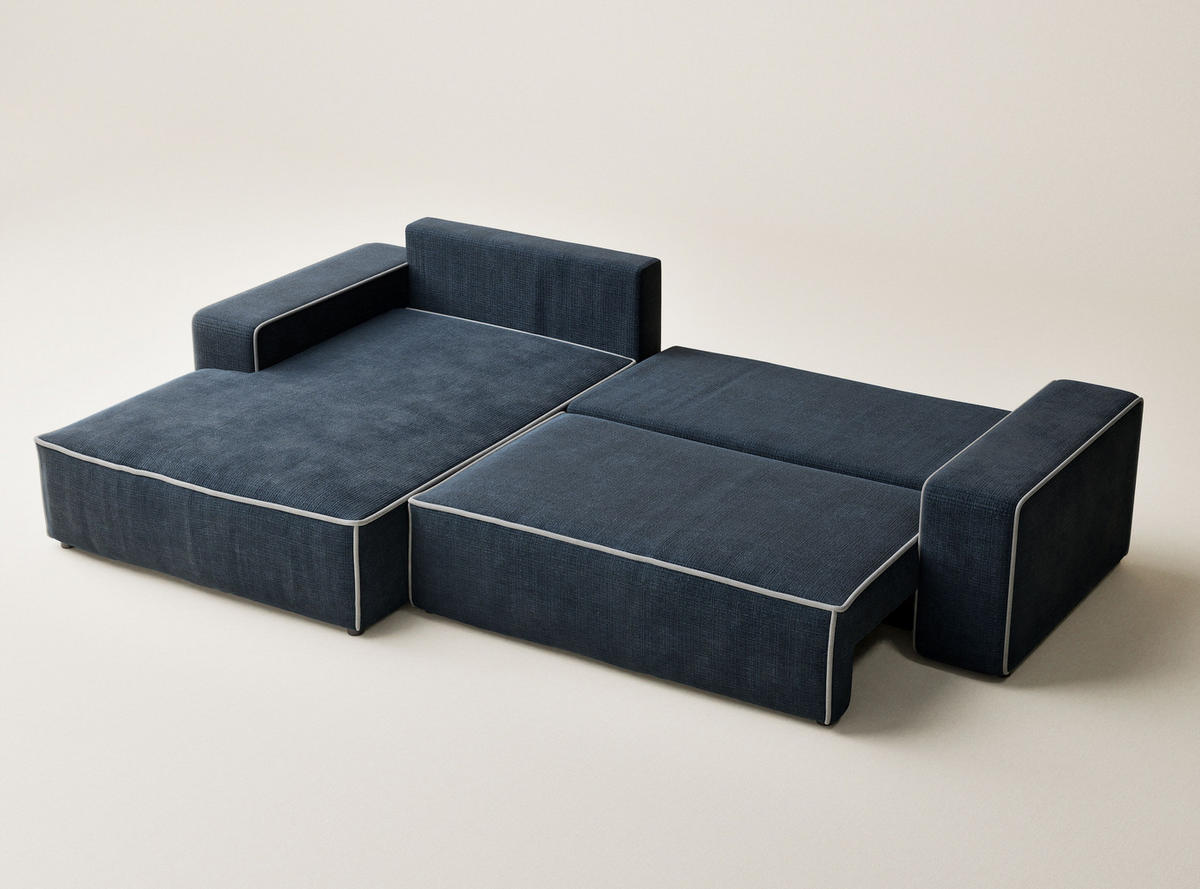 ECKSOFA MIT SCHLAFFUNKTION Modo Creme Chenille-Stoff - Links Seite - Schwarz/Dunkelblau, Holz/Holzwerkstoff (185/294cm) - Maison de Reve
